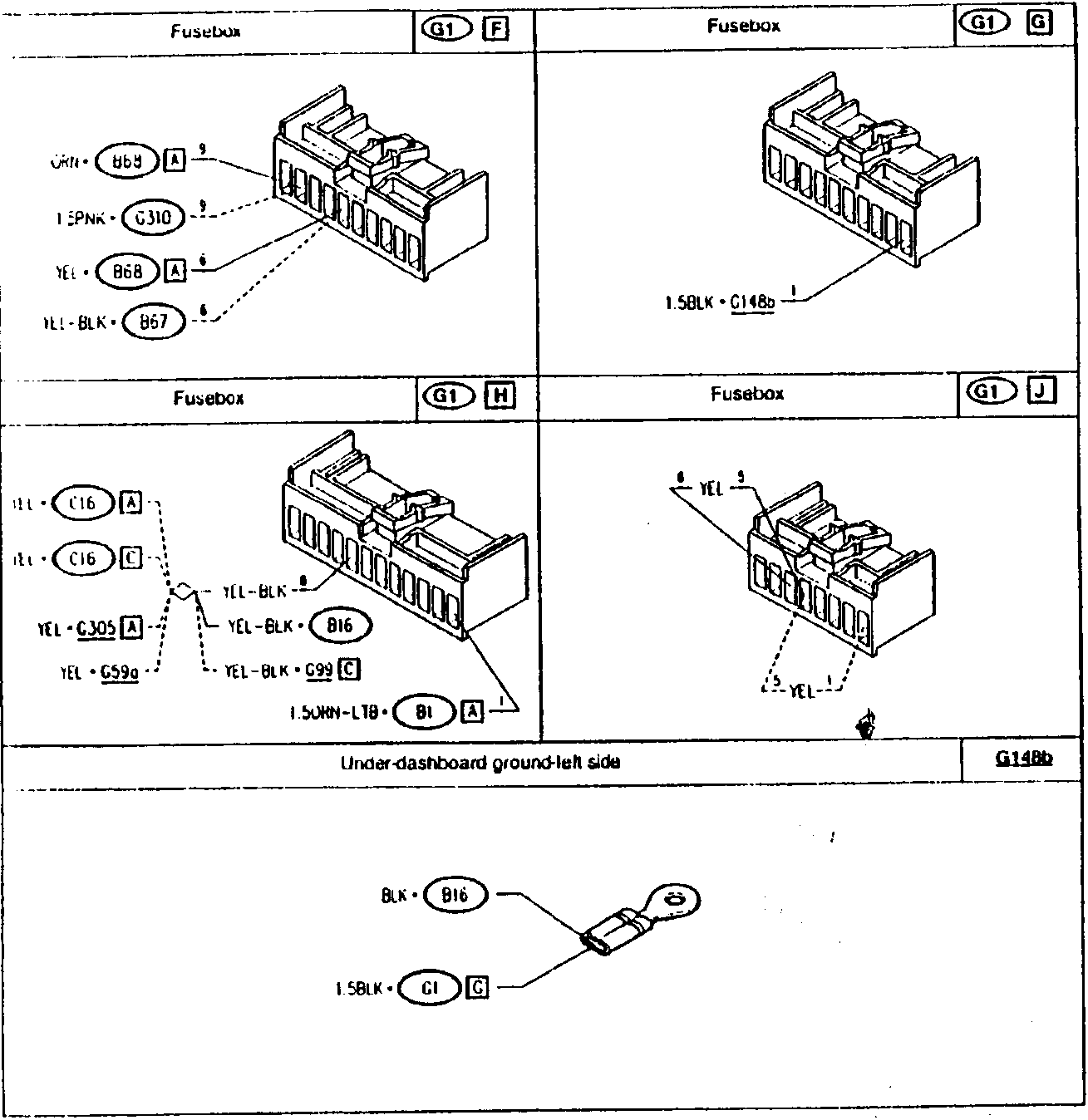Fusebox diagram with connections labeled: GRN • B64 A 9, LSPNK • G310 9, YEL • B68 A 6, YEL-BLK • B67 6.