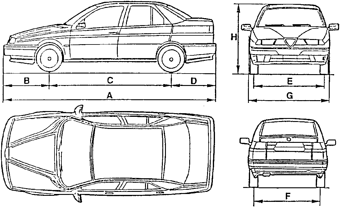 Three-view diagram of a car showing labeled dimensions A through H.