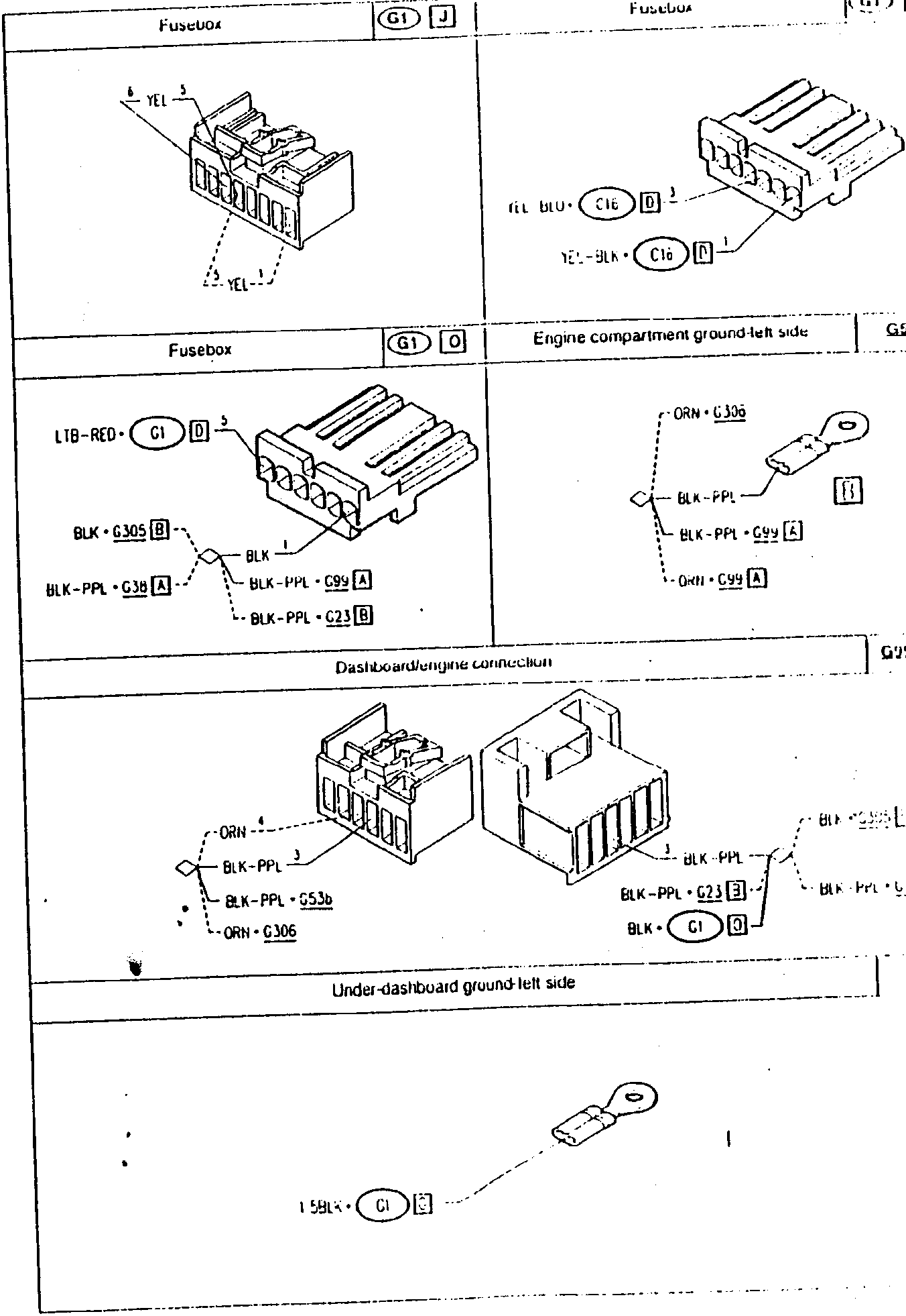 Fusebox diagram with wire connections labeled YEL-5, YEL-1, and BLU-C16, YEL-BLK-C16