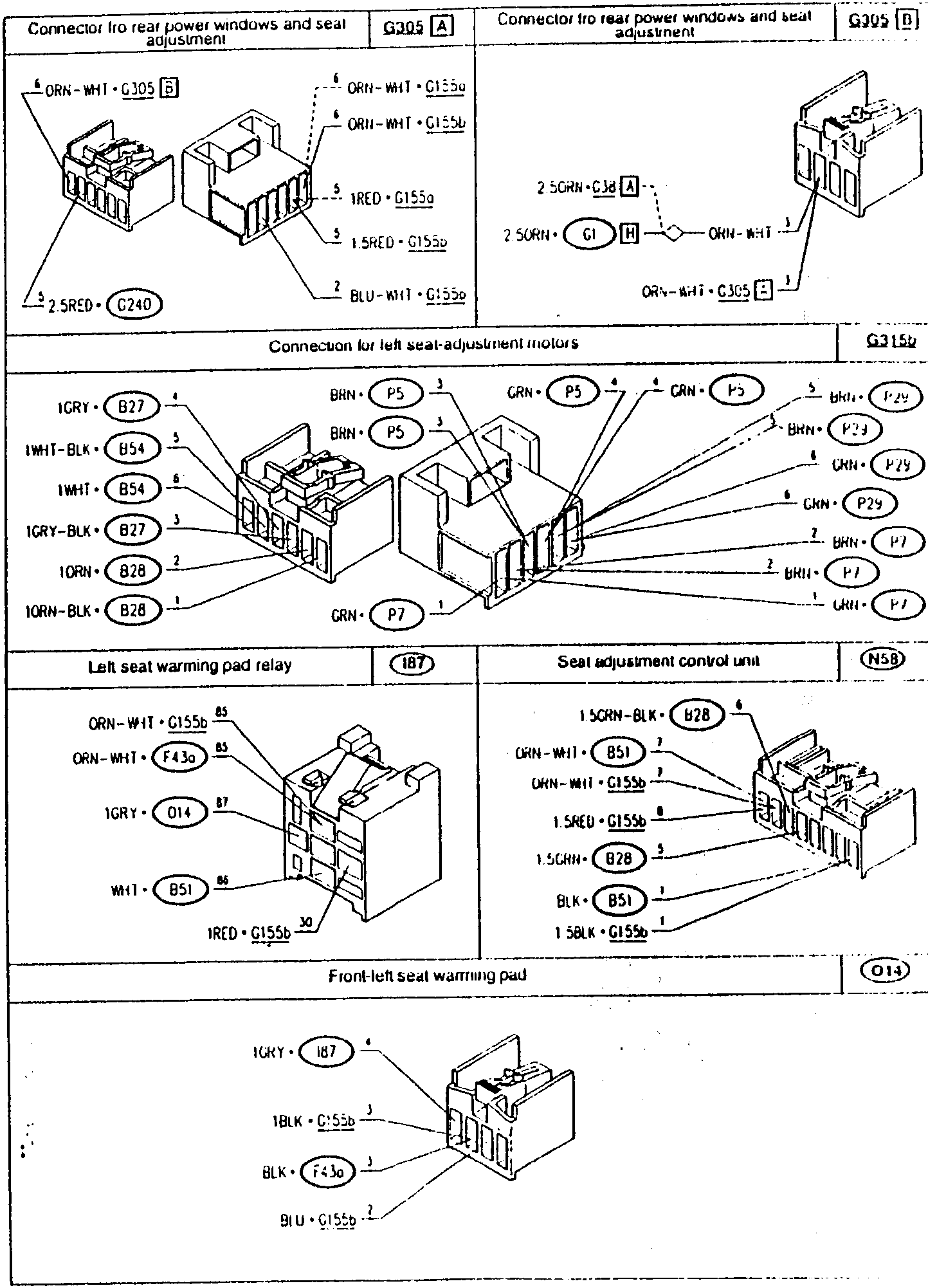 Connector for rear power windows and seat adjustment G305 A with wire color codes and pin connections shown.