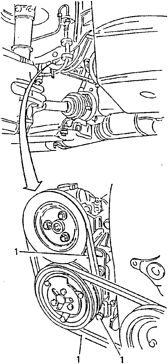 Illustration showing loosening screws and removing drive belt from air conditioning compressor
