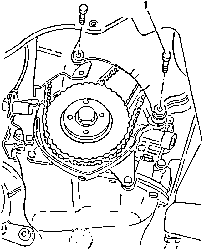 Diagram showing two screws being loosened on a timing belt cover over a gear and chain assembly