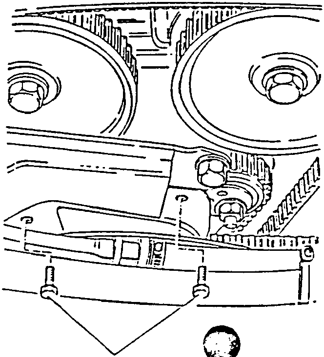 Diagram showing two screws on a metal timing belt cover attached to an engine damper rod support bracket