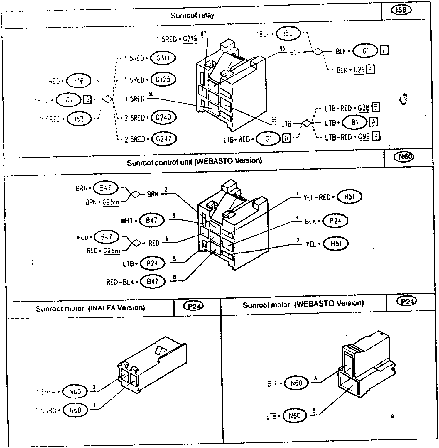 Sunroof relay diagram with wire connections and component labels