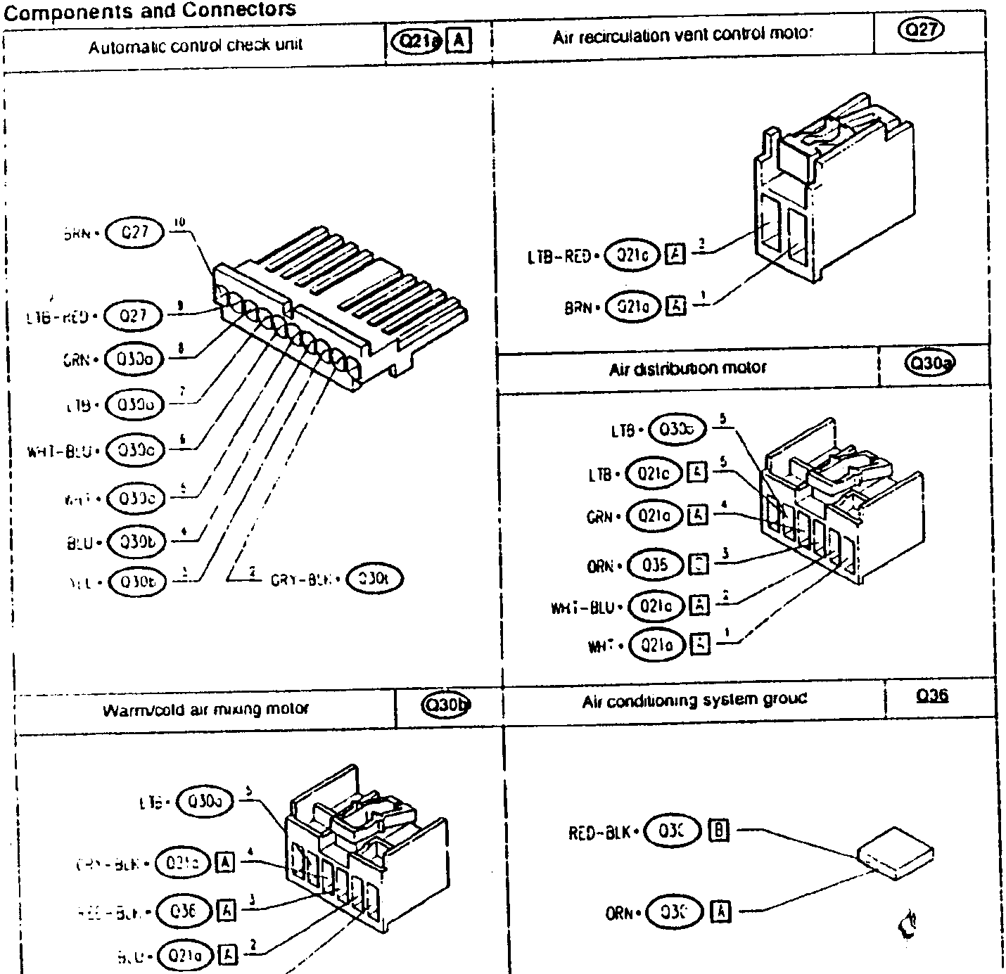 Connector A with wires labeled: BRN·Q27, LTB-RED·Q27, GRN·Q30a, WHI-BLU·Q30c, BLU·Q30b, GRY-BLK·Q30t
