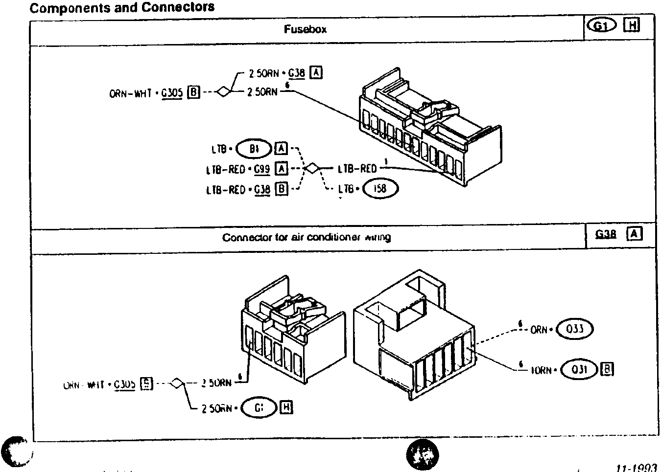 Fusebox and Connector for air conditioner wiring diagram showing components and connectors with wire colors and part numbers.