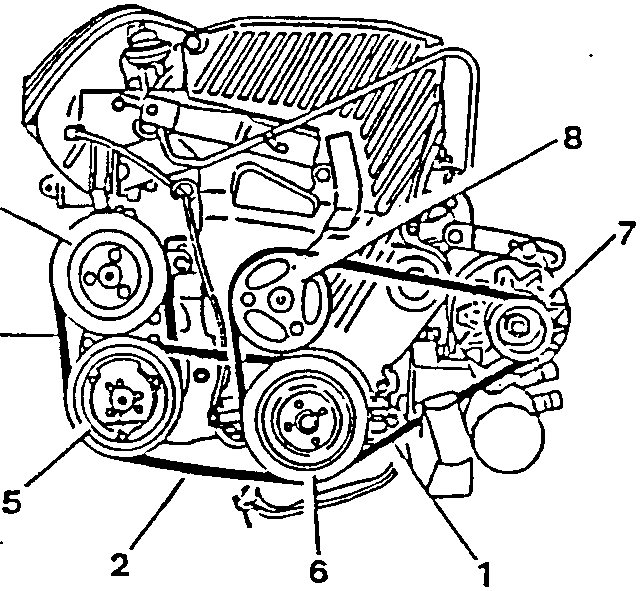 Diagram of engine with auxiliary unit belts and components labeled