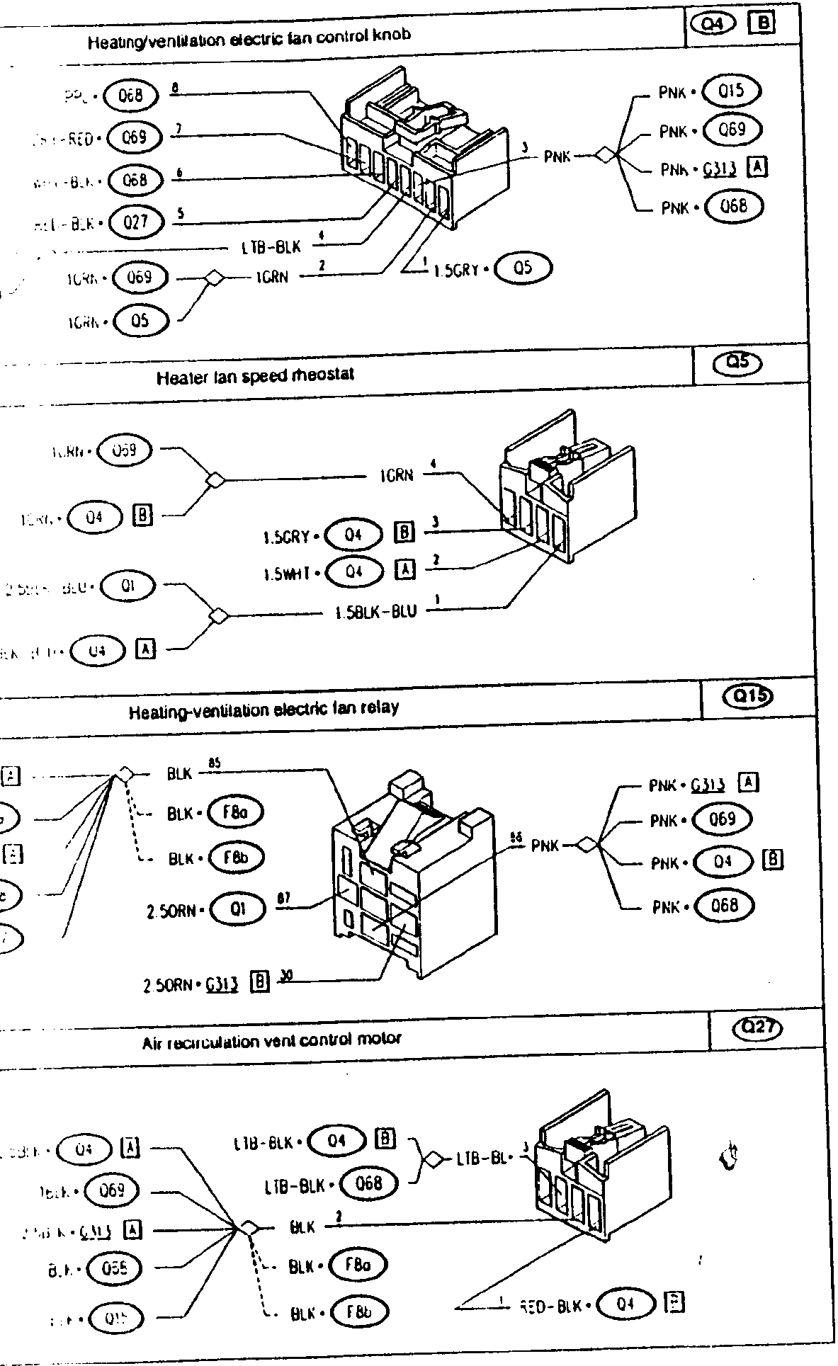 Heating/ventilation electric fan control knob diagram with wire connections and component labels.