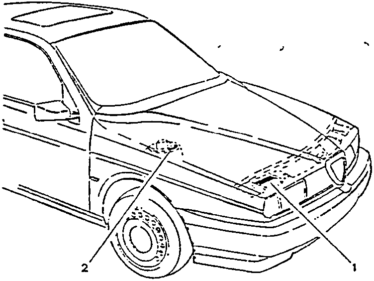 Front view of a car showing label locations on the front bumper and side panel.