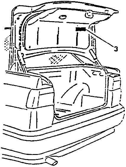 Trunk of a car with an identification label attached to the inner lid.