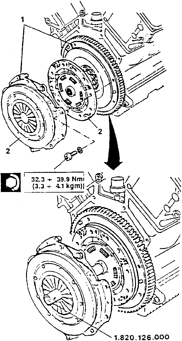 Clutch assembly showing pressure plate and driven gear with torque specification box