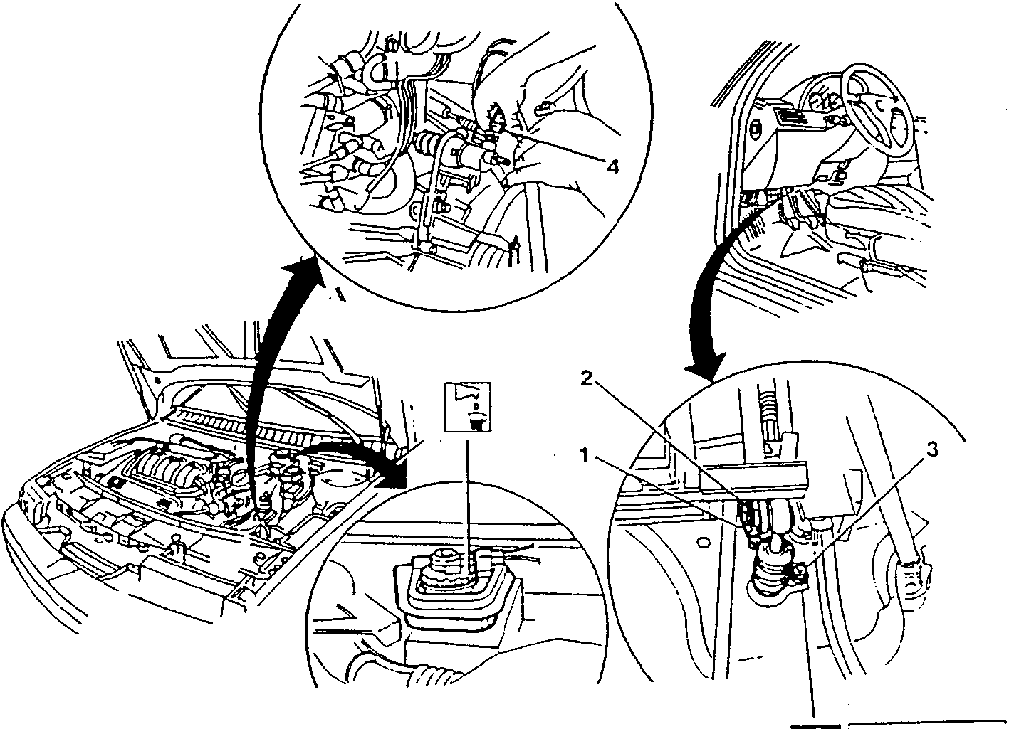Illustration showing steps for clutch pump removal and refitting, including engine compartment view, interior view with steering wheel, and close-ups of components labeled 1, 2, 3, and 4.