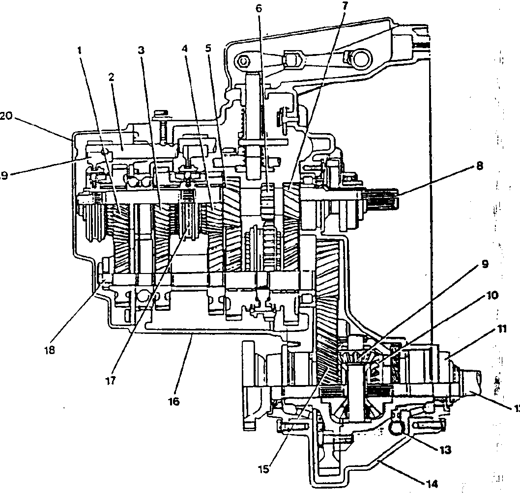 Cross-section diagram of a gearbox with numbered parts