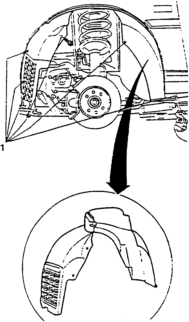 Diagram showing a plastic wheelhousing being removed from a vehicle suspension assembly