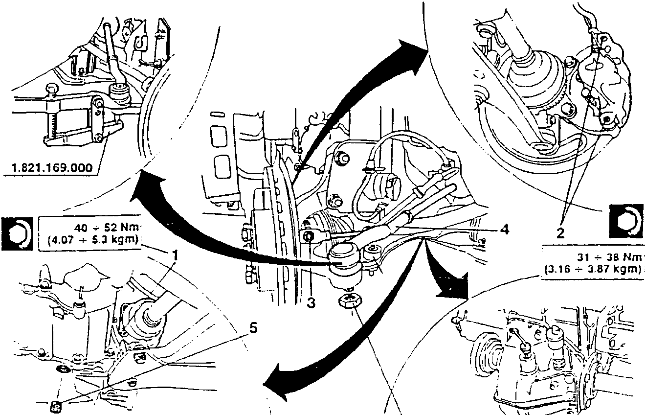 Diagram showing torque specifications for various bolts in a gearbox-differential assembly, with arrows indicating removal/installation directions.