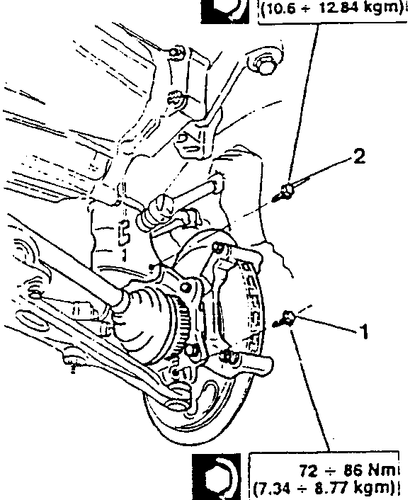 Diagram showing wheel support, suspension stem, and bolts with torque values 104 ÷ 126 Nm (10.6 ÷ 12.84 kgm) and 72 ÷ 86 Nm (7.34 ÷ 8.77 kgm).