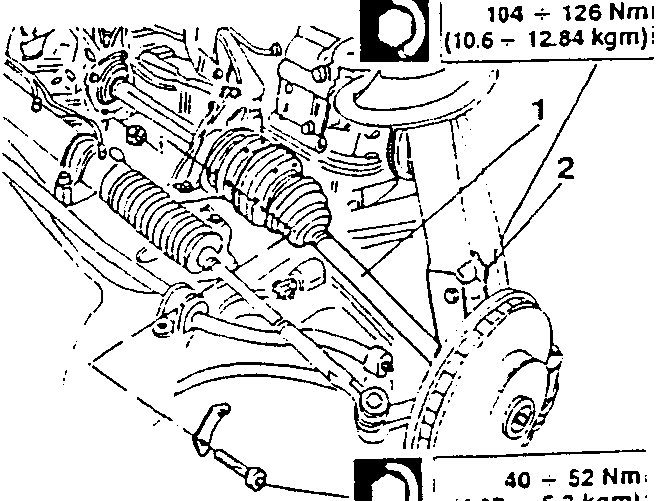 Diagram showing intermediate shaft, constant speed joint, and bolts with torque values 104 ÷ 126 Nm (10.6 ÷ 12.84 kgm) and 40 ÷ 52 Nm (4.07 ÷ 5.3 kgm).