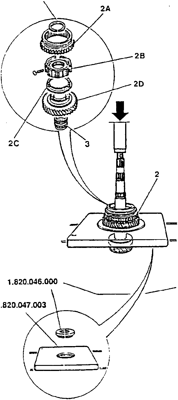 Diagram showing components of 1st and 2nd speed engagement sliding hub assembly with part numbers 1, 2A, 2B, 2C, 2D, and 3. Also shows press tool 1.820.046.000 and 1.820.047.003 for removal.
