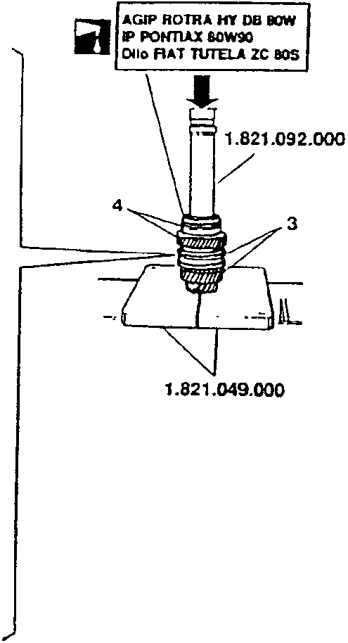 Diagram showing assembly of gears and bearings with specified lubricants and part numbers 1.821.092.000 and 1.821.049.000