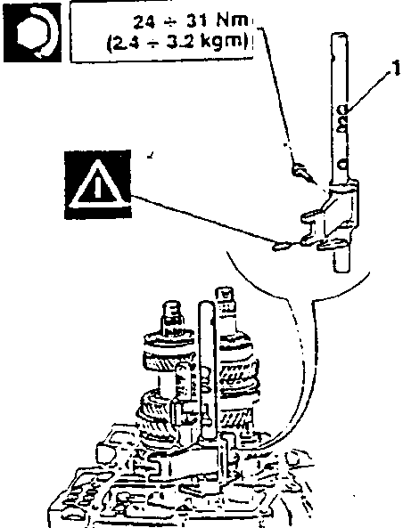 Diagram showing installation of 5th and reverse speed rod and control prong with torque specification