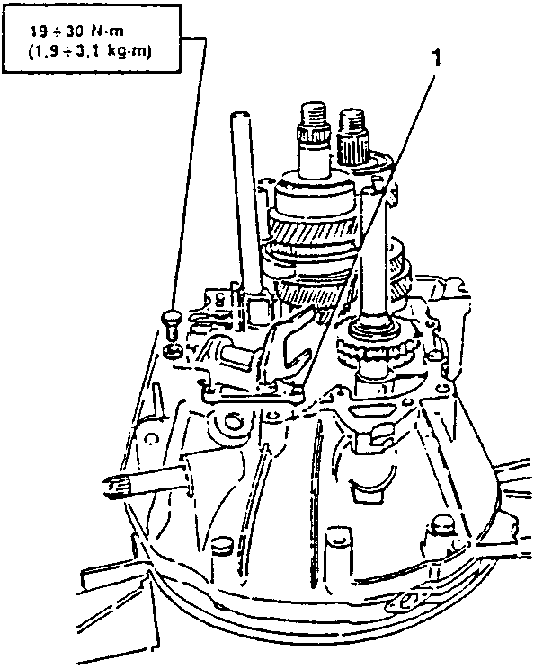 Diagram showing installation of reverse speed idle gear fork lever with torque specification 19÷30 N·m (1.9÷3.1 kg·m)