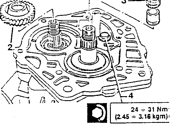 Gearbox component diagram with labeled parts and torque specifications