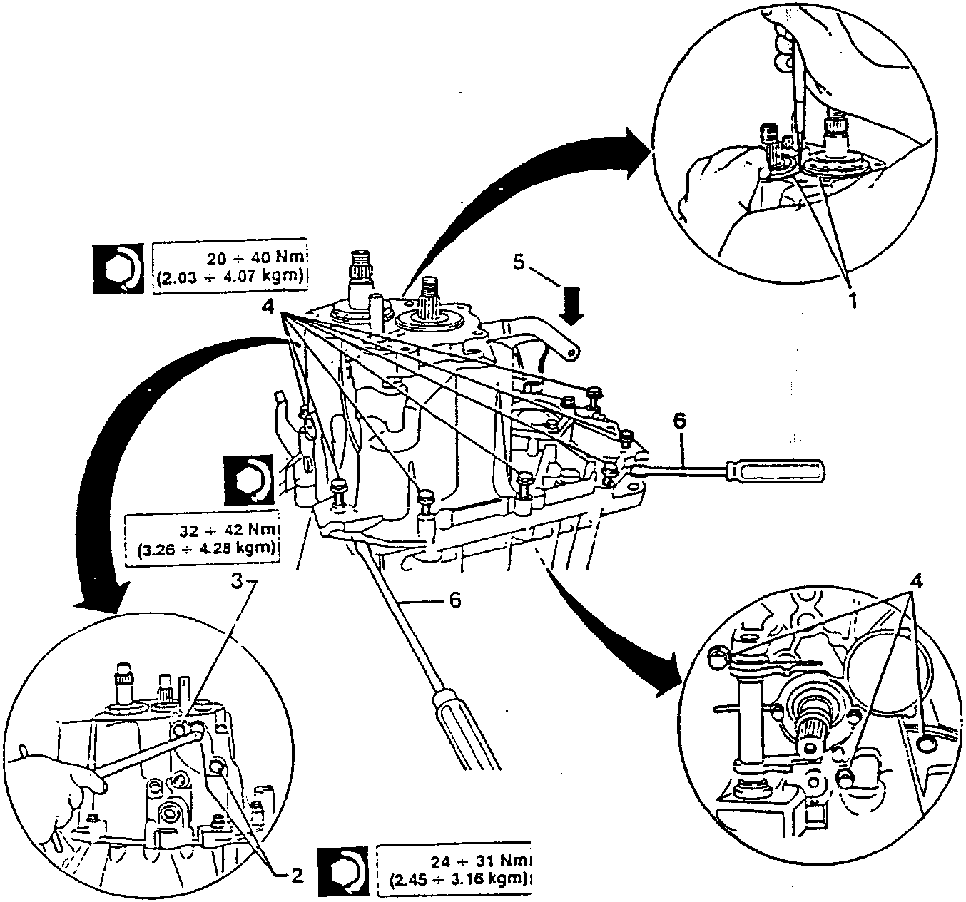 Diagram showing torque specifications for various components of a gearbox.