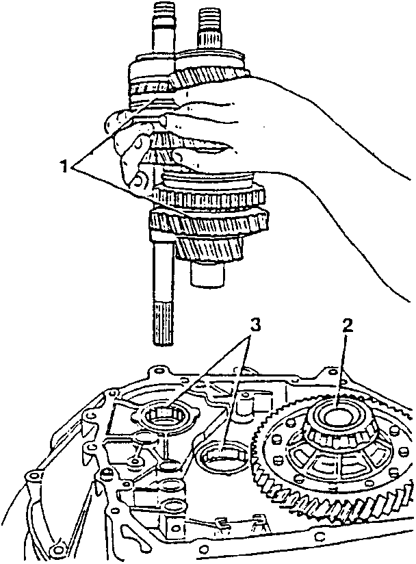 Diagram showing main and layshaft assemblies being withdrawn