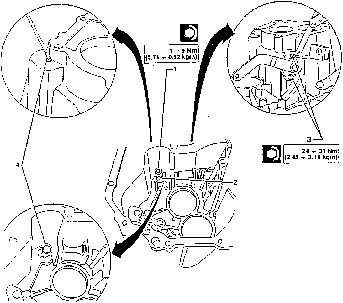 Diagram showing removal of speed control prong retaining screws and pin, with torque specifications 7-9 Nm (0.71-0.92 kgm) and 24-31 Nm (2.45-3.16 kgm) indicated for different components.
