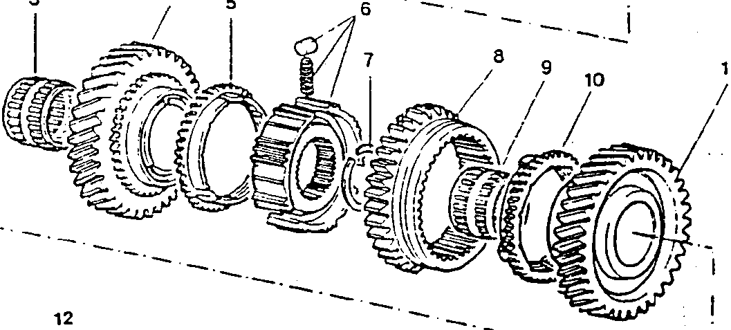 Roller bearing for 5th speed gear, 1st speed driven gear, 1st speed synchronizer ring, hub complete with rollers and springs for 1st and 2nd speed engagement sliding sleeve, flexible retaining ring, 1st and 2nd speed engagement sliding sleeve and reverse speed gear
