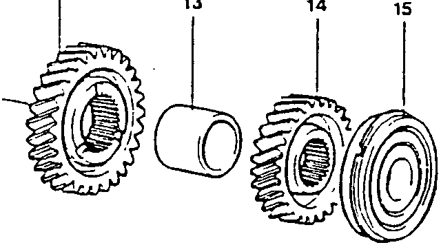 2nd speed gear roller bearing, 2nd speed synchronizer ring, 2nd speed driven gear, 3rd speed driven gear, spacer between 3rd and 4th speed, 4th speed gear, layshaft rear bearing, 5th speed driven gear, layshaft gear locking nut