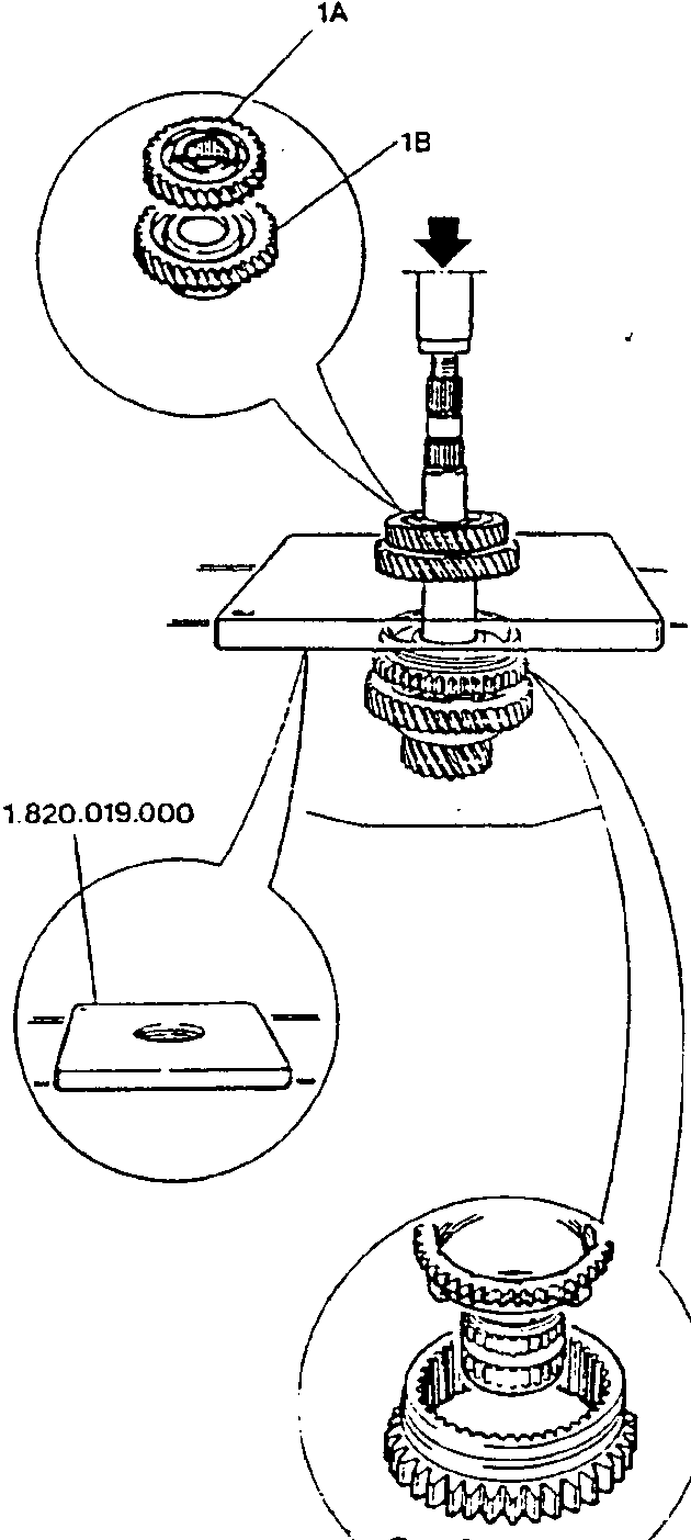 Diagram showing the withdrawal of the 4th speed driven gear, rear bearing, and spacer using a hydraulic press and specified plates and half rings.