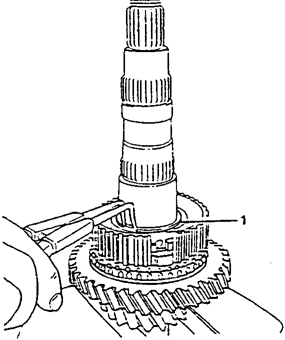 Diagram showing a hand using pliers to remove a retaining ring from a gear assembly on a shaft. The shaft has multiple splined sections and is labeled with '1' pointing to the gear.