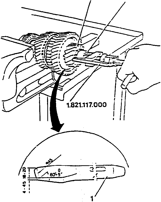 Diagram showing a hand using a puller tool (labeled 1.821.117.000) to remove a bearing race from a shaft assembly. The tool is shown with an arrow indicating the direction of force. A close-up view shows the tool's dimensions and angles (60-5°, 4-45, 18-20).