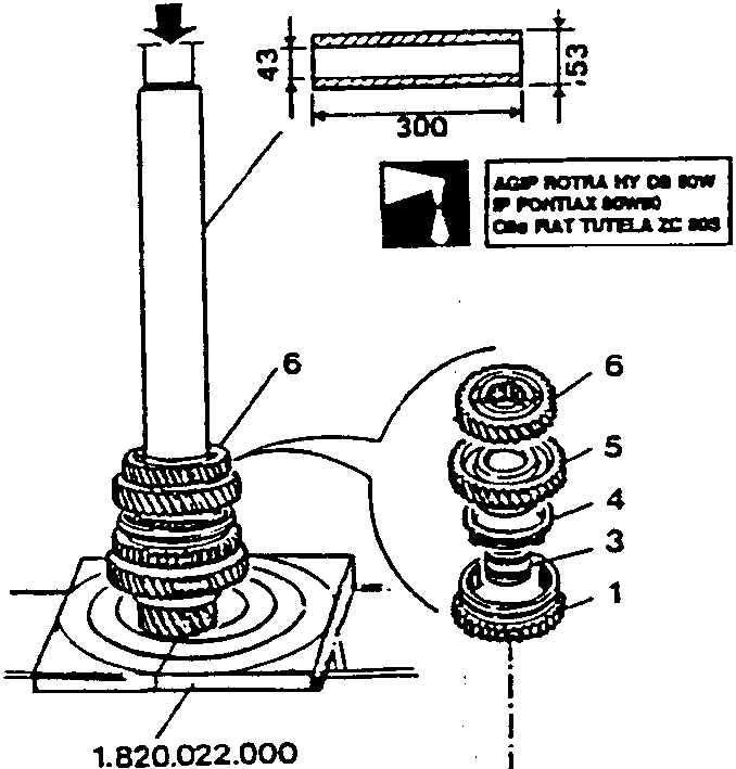 Diagram showing installation of sliding sleeve hub with components 1 to 6. Lubricants AGIP ROTRA HY DB 80W, IP PONTIAX 80W/90, Odo FIAT TUTELA ZC 80S are indicated. Dimensions 300, 43, and 53 are shown.