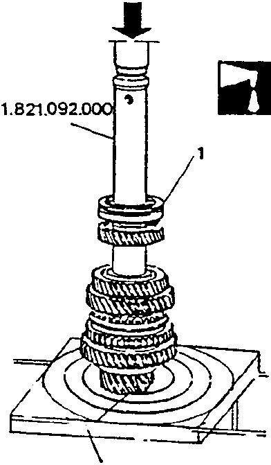 Diagram showing installation of rear bearing using press, half plates 1.820.022.000, and inserting tool 1.821.092.000.