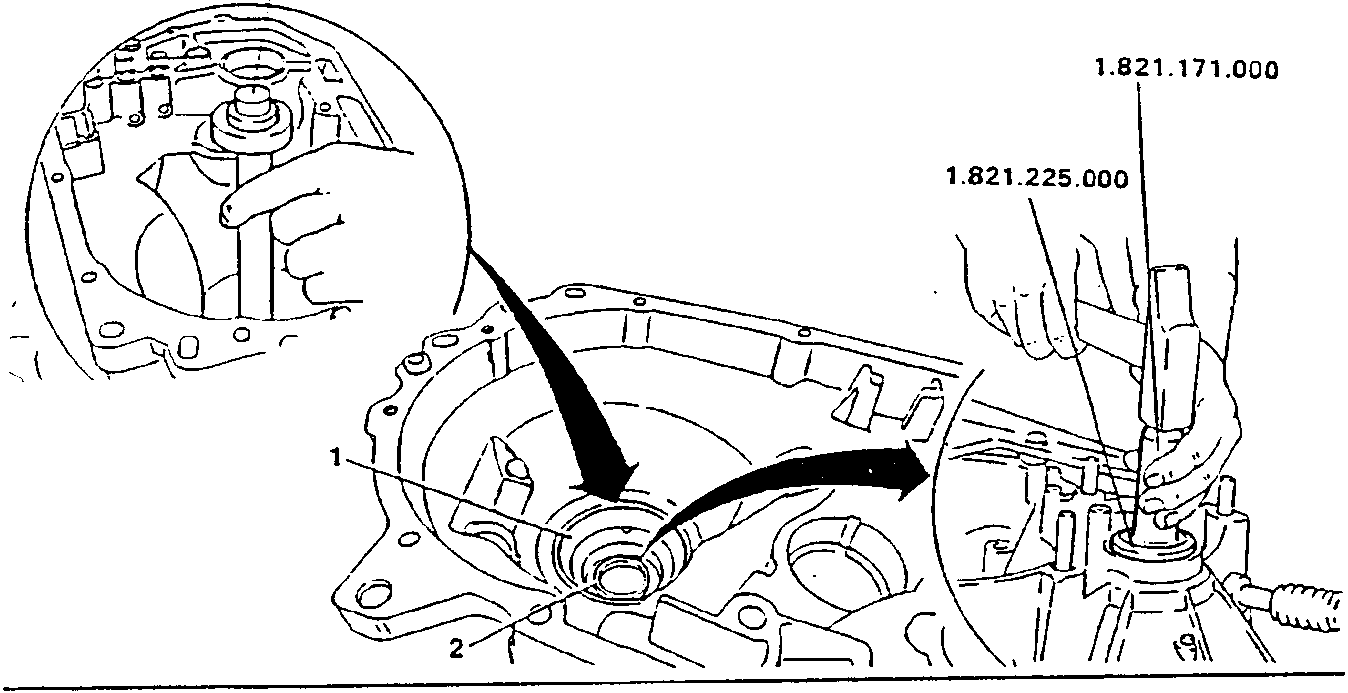 Diagram showing installation of oil seal and bearing race with tools 1.821.171.000, 1.821.225.000, and 1.821.028.000