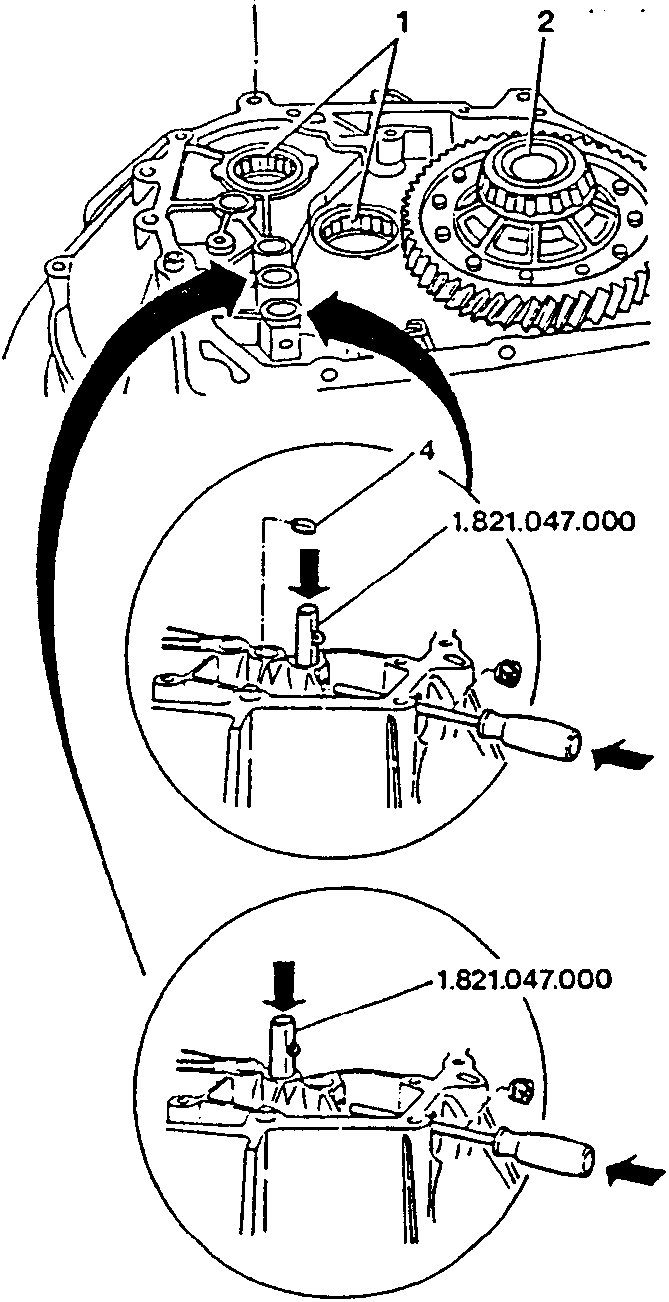 Diagram showing installation of bearings and use of tool 1.821.047.000