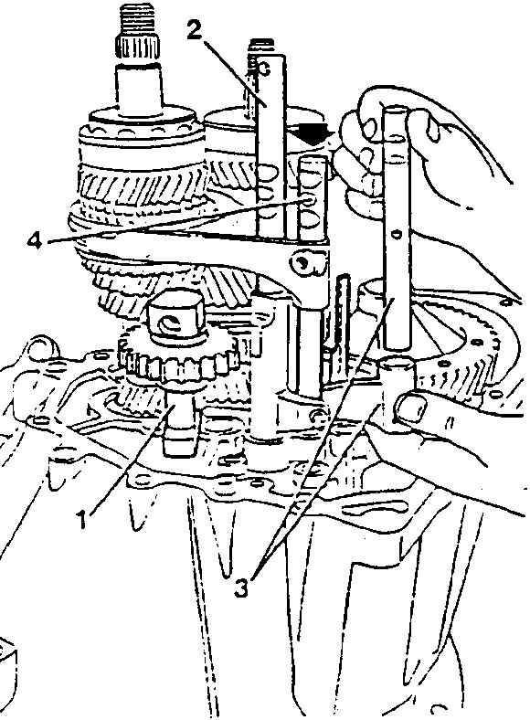 Illustration showing gear control rods and forks with numbered parts