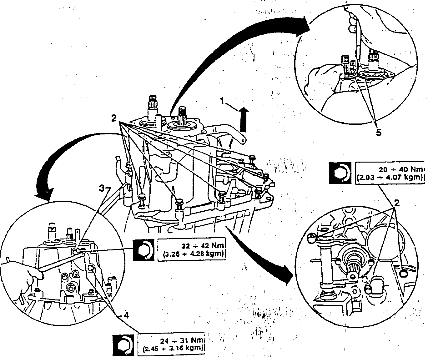 Diagram showing gearbox installation with torque specifications for various bolts.