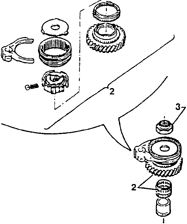 Diagram showing gear components including hub, fork, sleeve, and 5th speed gear with numbered parts 1, 2, and 3.