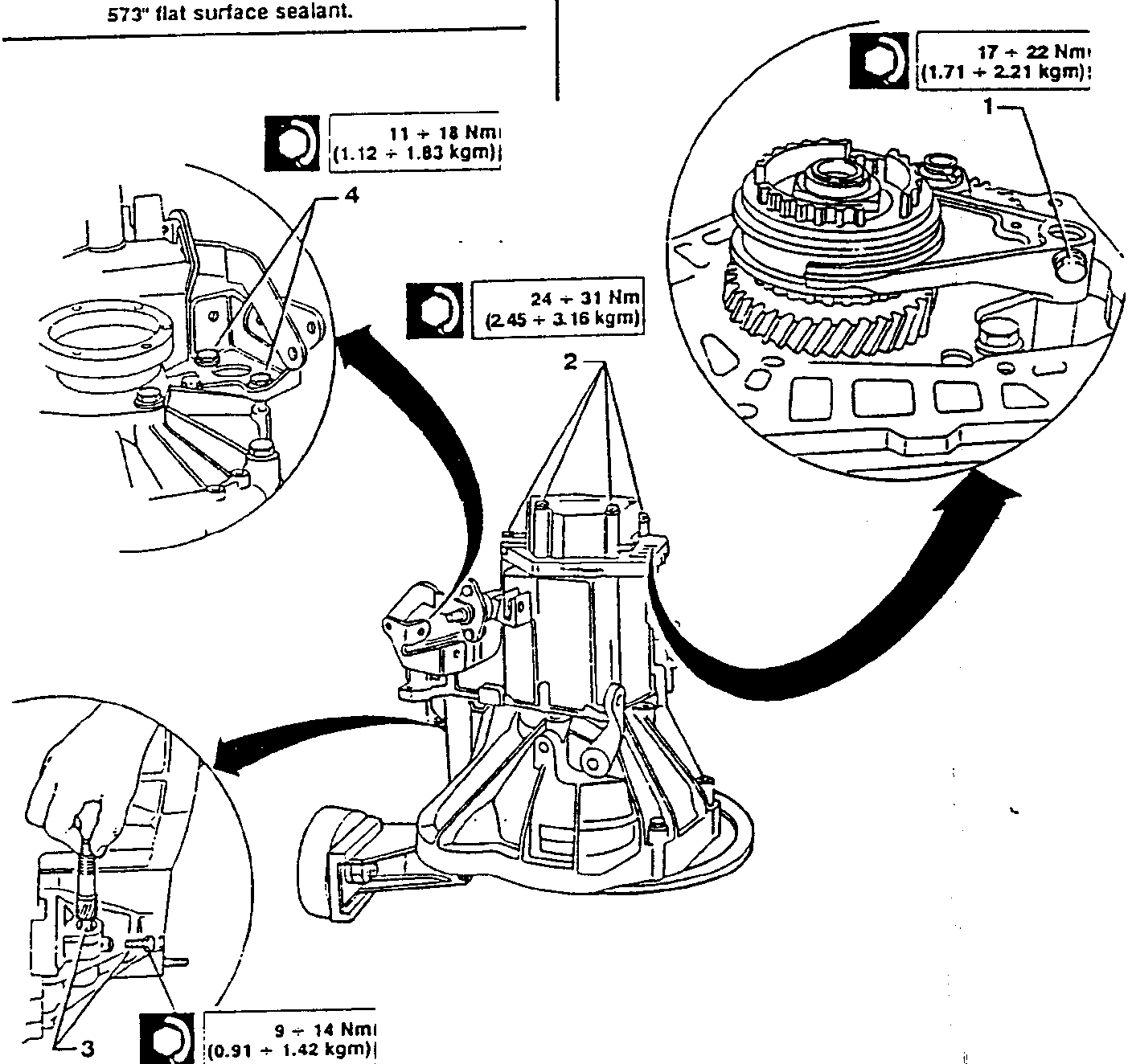 Diagram showing torque specifications for various components of a gearbox assembly.