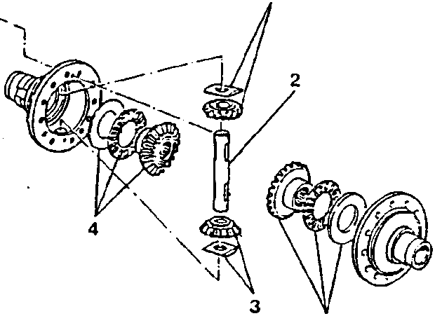 Side pinion shaft, side pinions, crown wheels, roller cages and shim rings