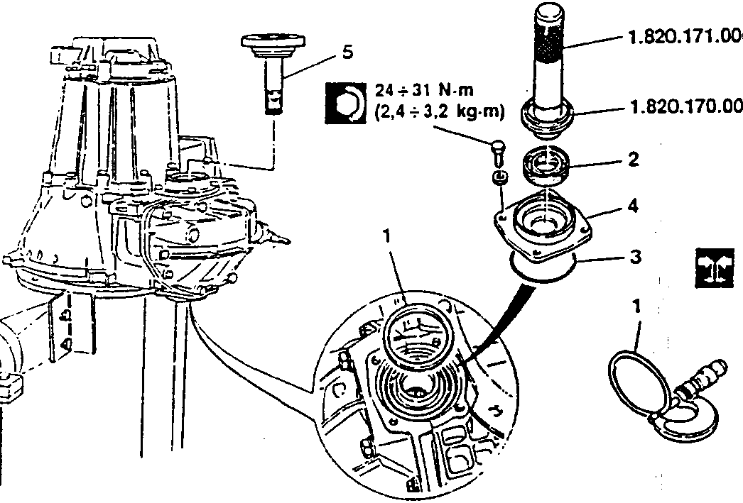Diagram showing gearbox differential assembly with labeled parts and torque specifications