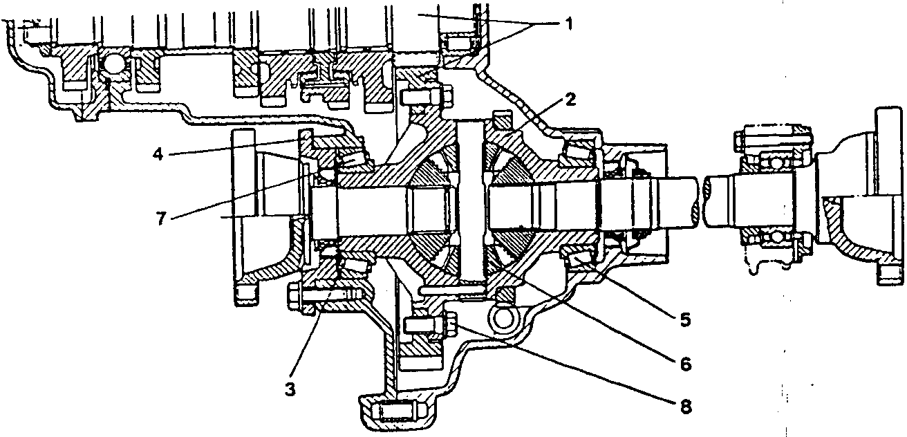 Cross-section diagram of differential assembly showing reduction pair, casing, tapered bearings, seal cover, anti-slip washers, and fixing screws.