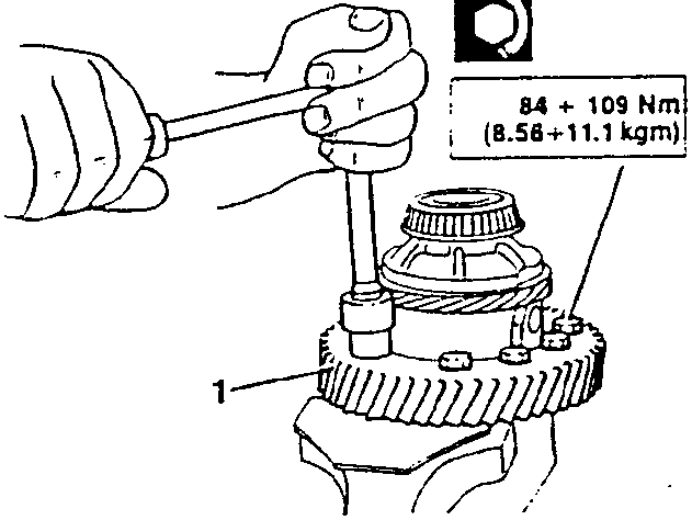 Hand using a wrench to tighten bolts on a ring gear assembly. Torque specification box shows 84 ÷ 109 Nm (8.56+11.1 kgm). Part number 1 points to the ring gear.