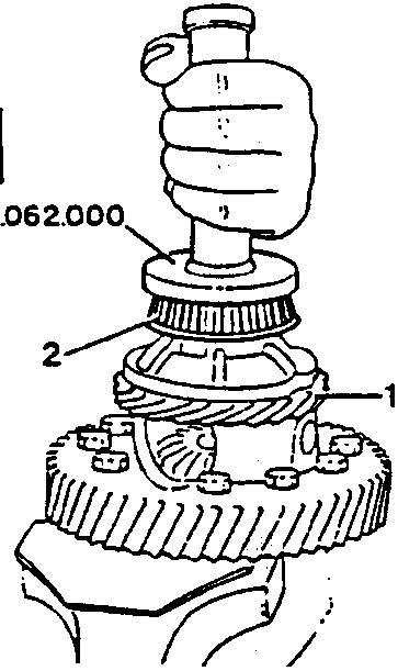Hand using tool No. 1.821.062.000 to press a component onto a ring gear assembly. Part number 2 points to the tool, part number 1 points to the ring gear.