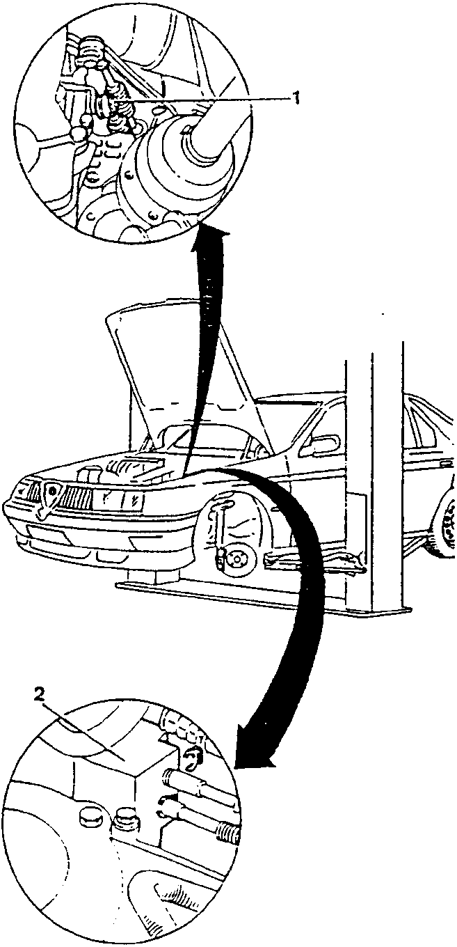 Diagram showing removal of gear control cables and central support from a car on a lift.
