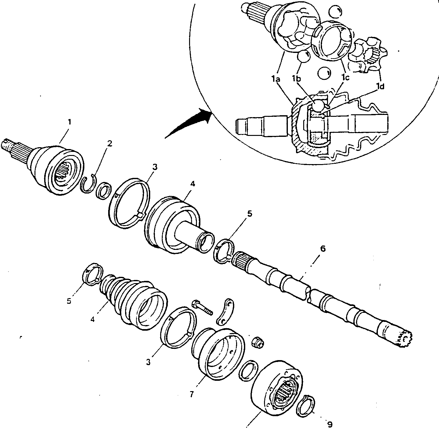 Exploded view of axle shaft assembly with numbered parts.