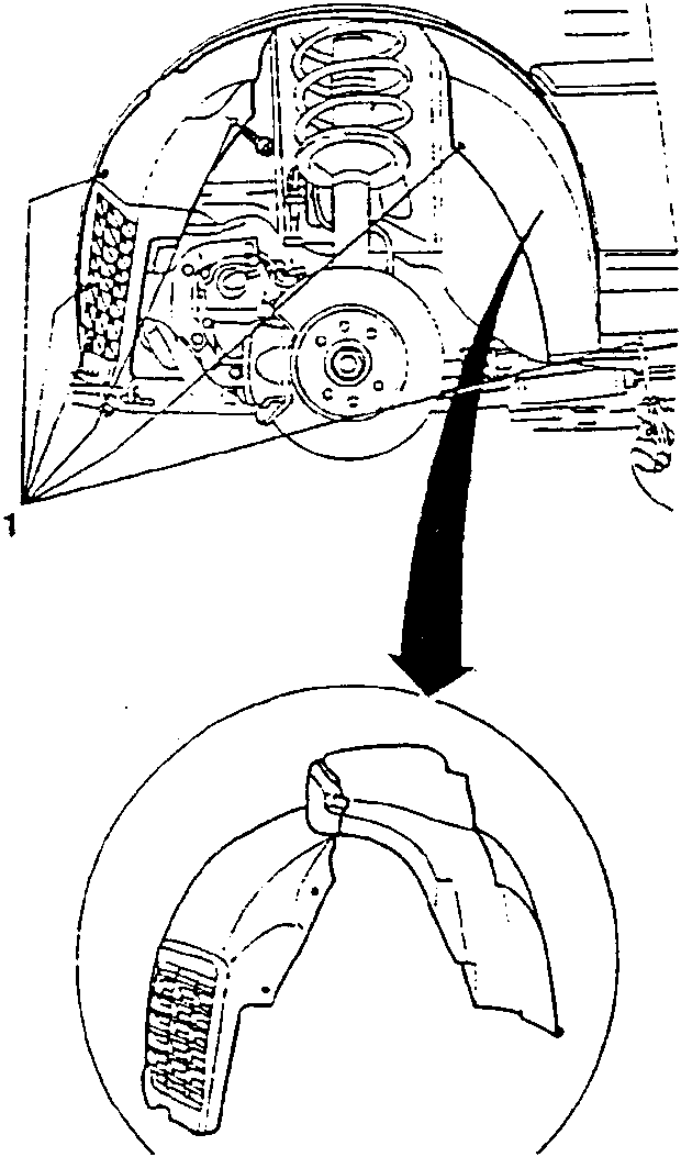 Diagram showing the removal of a plastic wheel-housing from a vehicle's suspension system